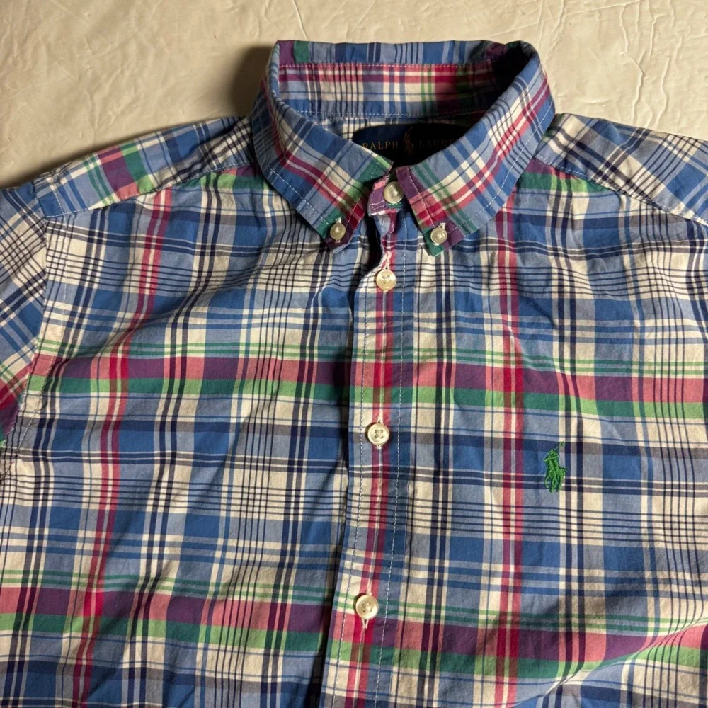 Ralph Lauren Boys Blue Plaid Short Sleeve Button Down Shirt‎ Size L 14-16 Cotton